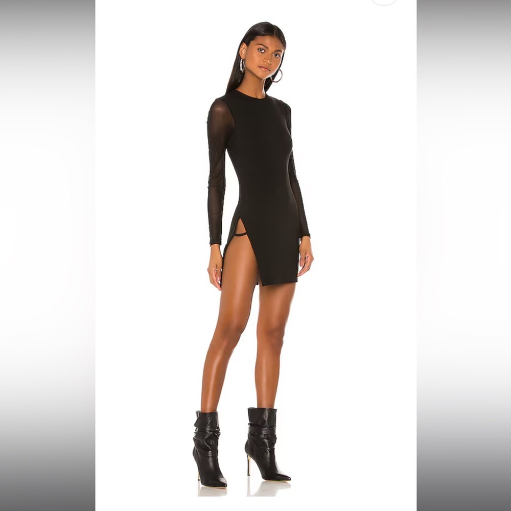 Superdown Black LBD mini dress w mesh sleeves & high slit